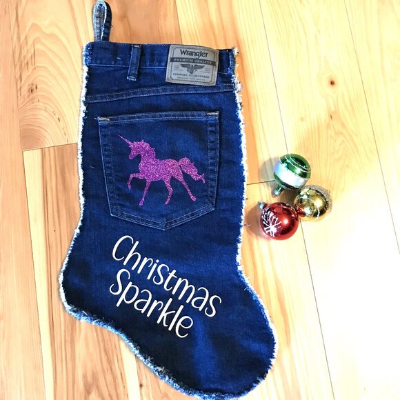 Handmade Denim Christmas Stocking w/Jean Pocket: Purple Unicorn Graphic, M-L - Picture 2 of 8